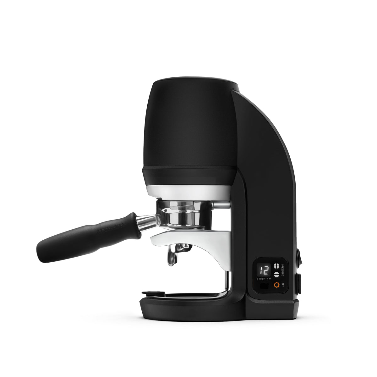 PUQ Press Q with a portafilter locked in, ready to tamp