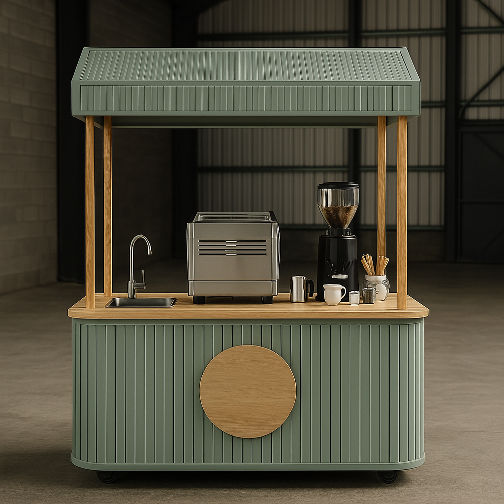 Sage green Luxury Coffee Cart with canopy, set up as a barista station