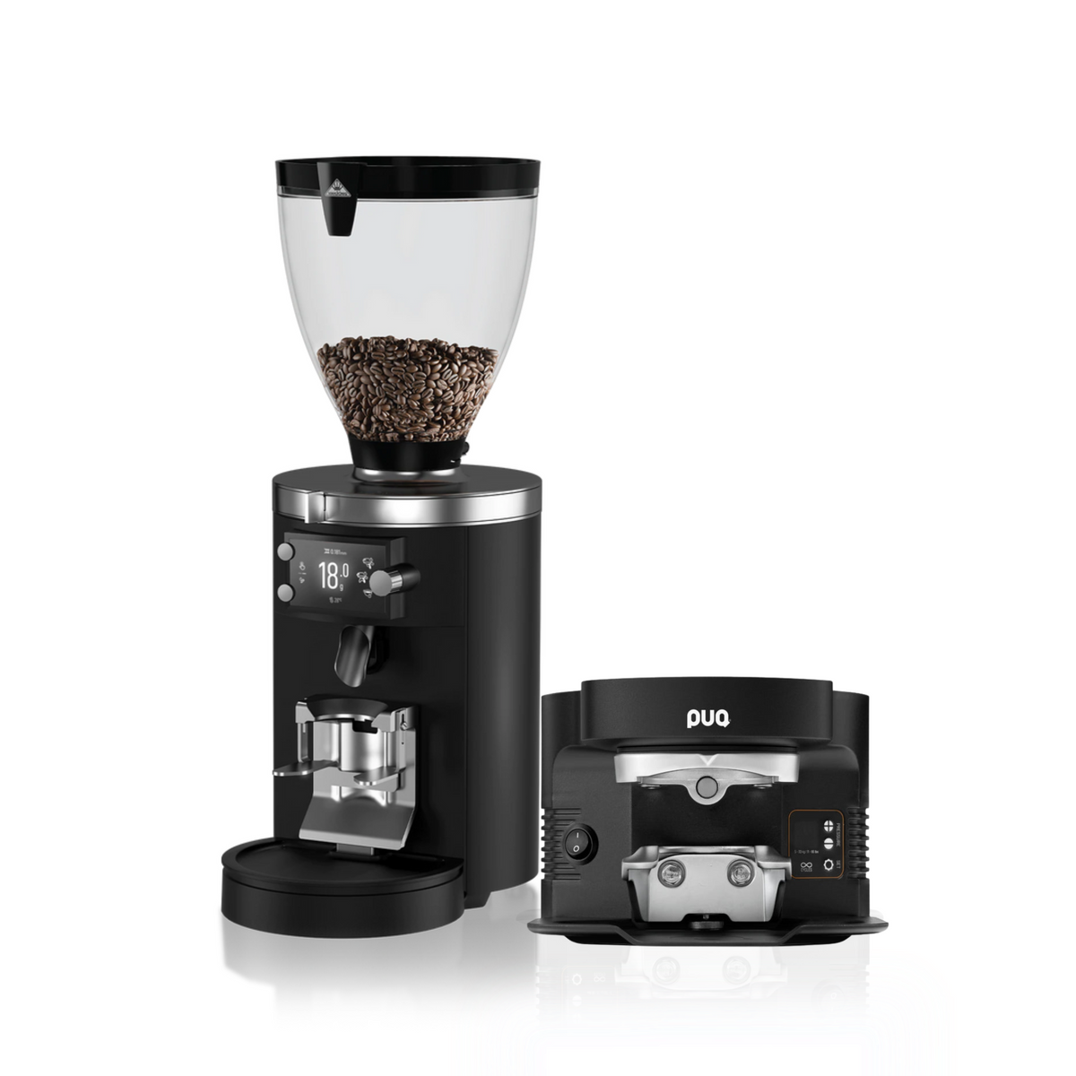 Mahlkönig E80 grinder with a PUQ Press M5 automatic tamper underneath